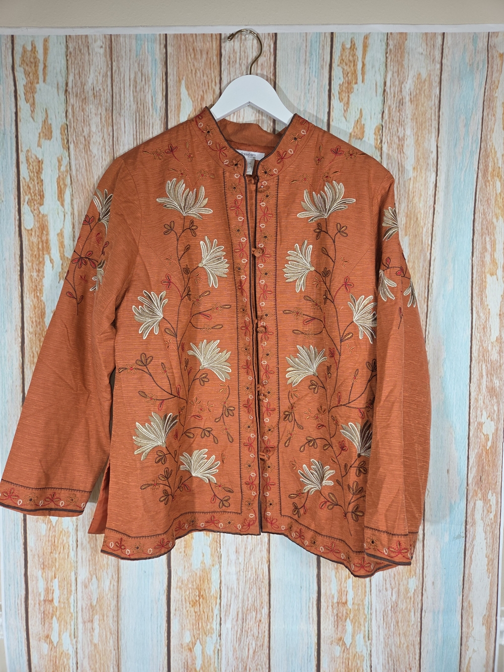 100% Silk Kimono Jacket- Orange Kimono - Embroidered - Oriental Frog Closure